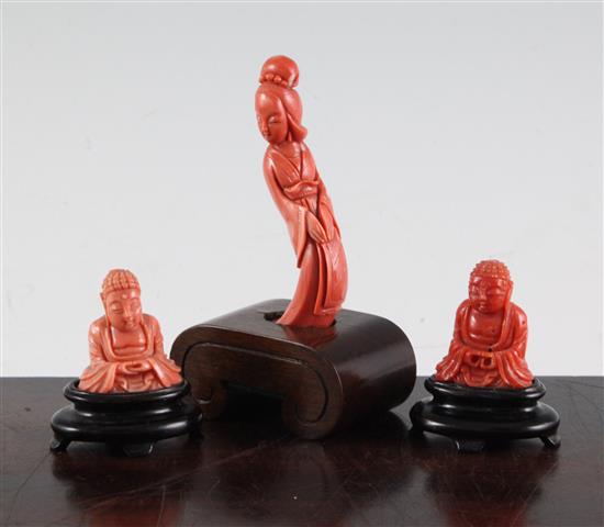 Three Chinese coral figures, wood stands, the lady 8.4cm excl. stand